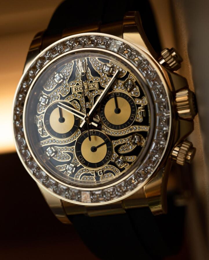 The 18ct gold fake watch is decorated with diamonds.